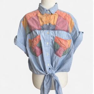 Vintage Patchwork Denim Button Up Tie Front Top Oversized Boho